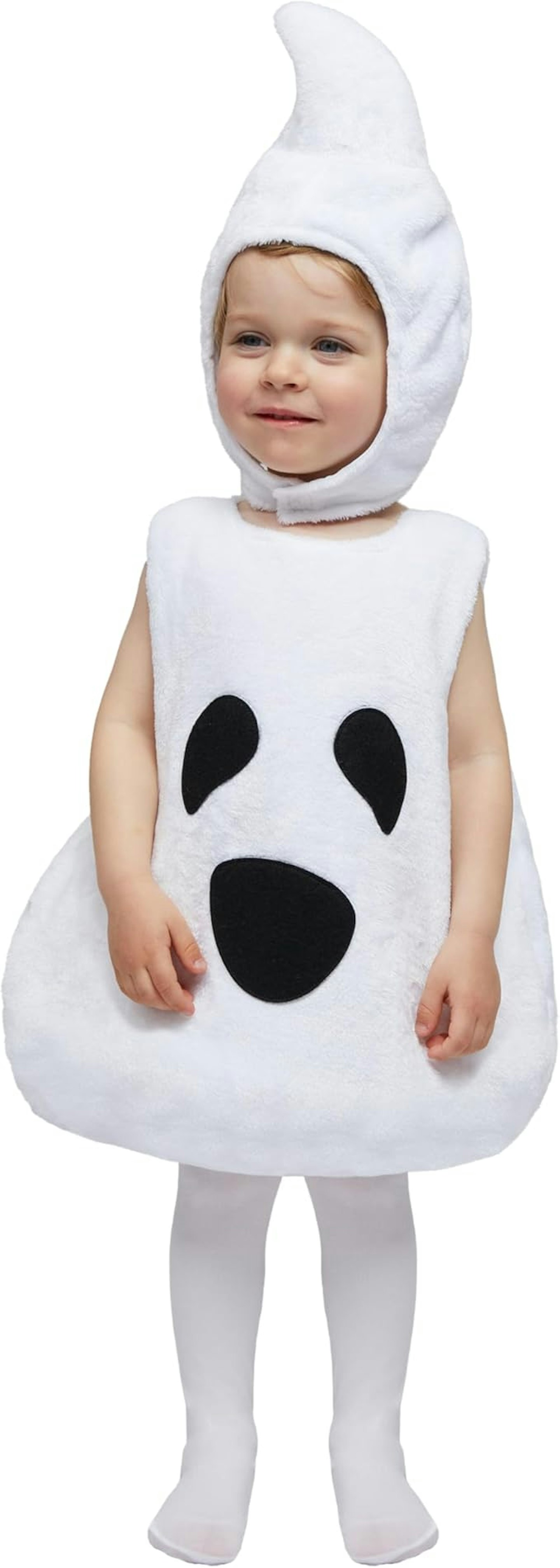 Toddler wearing a cute ghost costume for halloween