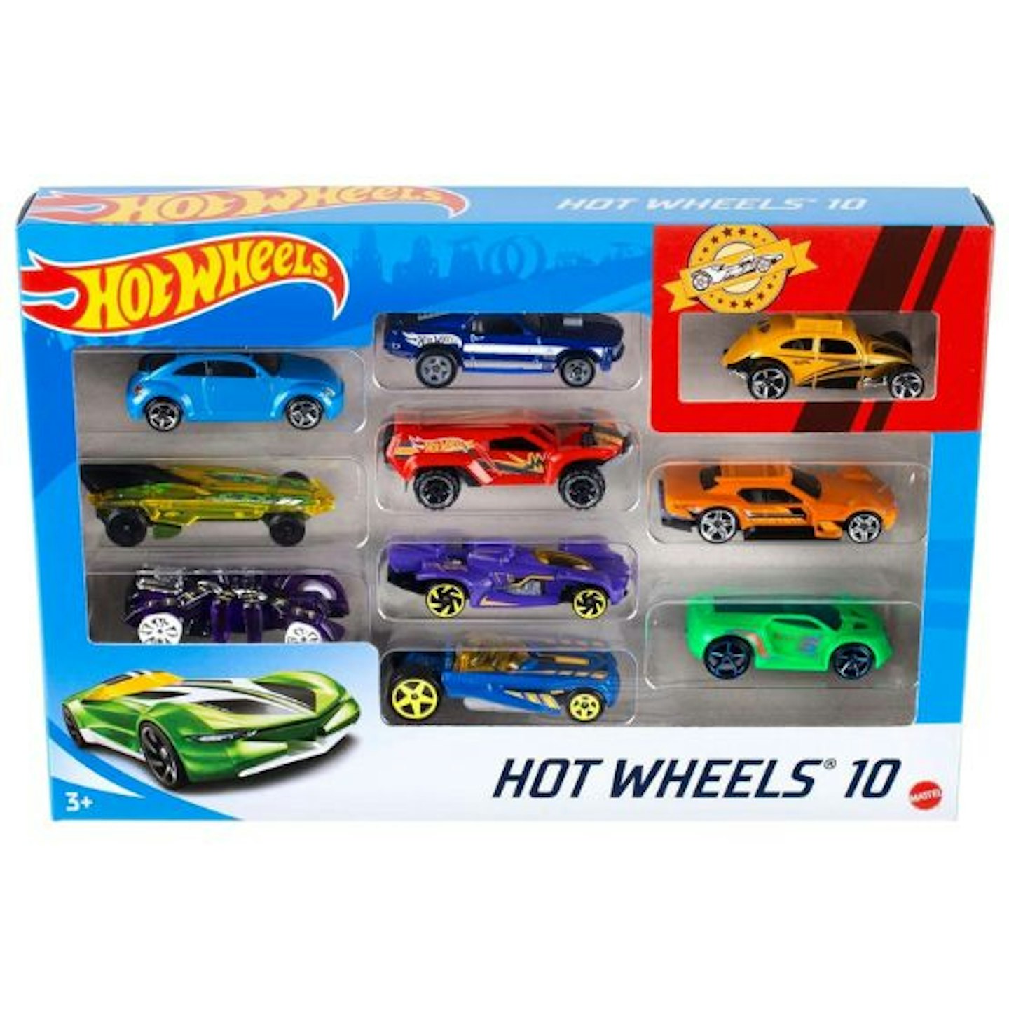 A set of ten hot wheels cars and trucks