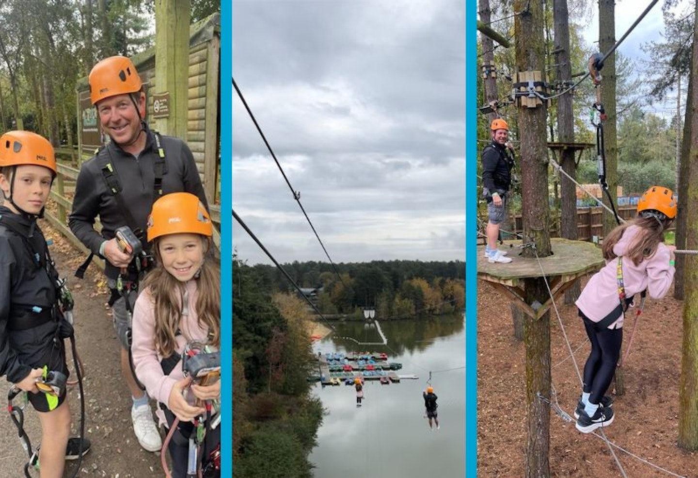 Three images showing scenes from the Aerial Adventure at Center Parcs Elveden