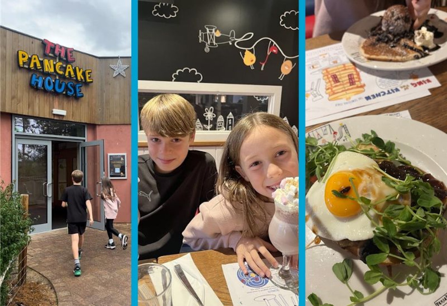 Three images showing a pancake restaurant, children drinking milkshakes and a breakfast