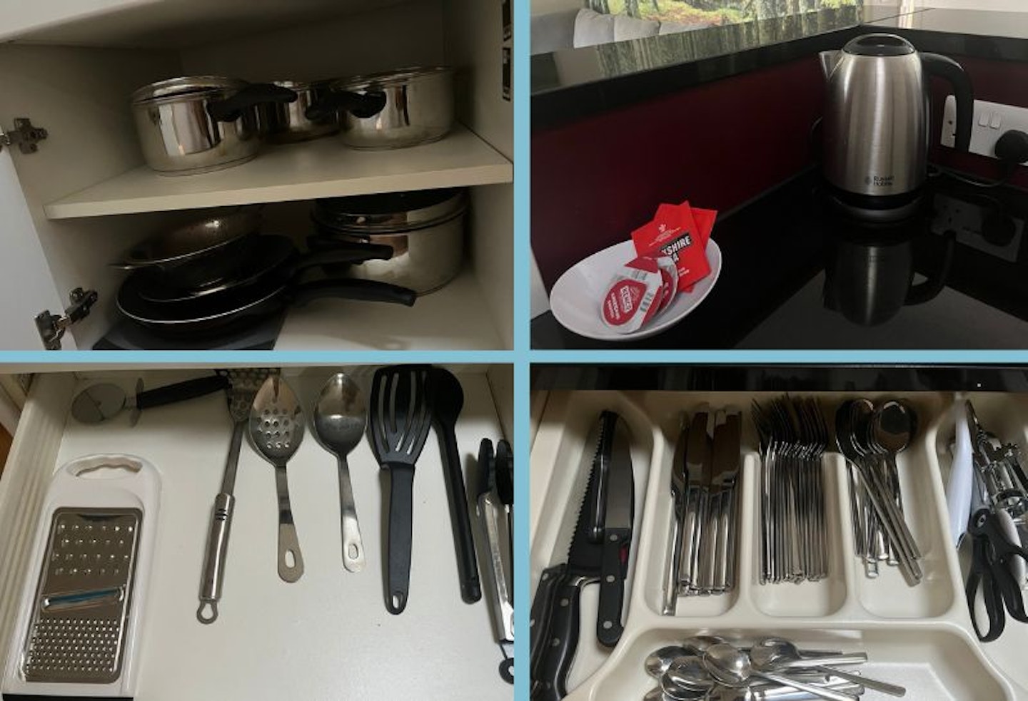 Four images showing the contents of cupboards at Center Parcs Elveden