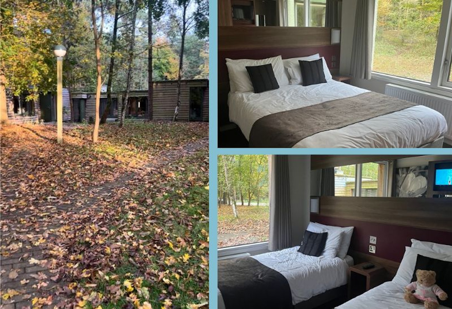 Three images of Center Parcs Elveden Village showing the outside of the lodge and two bedrooms