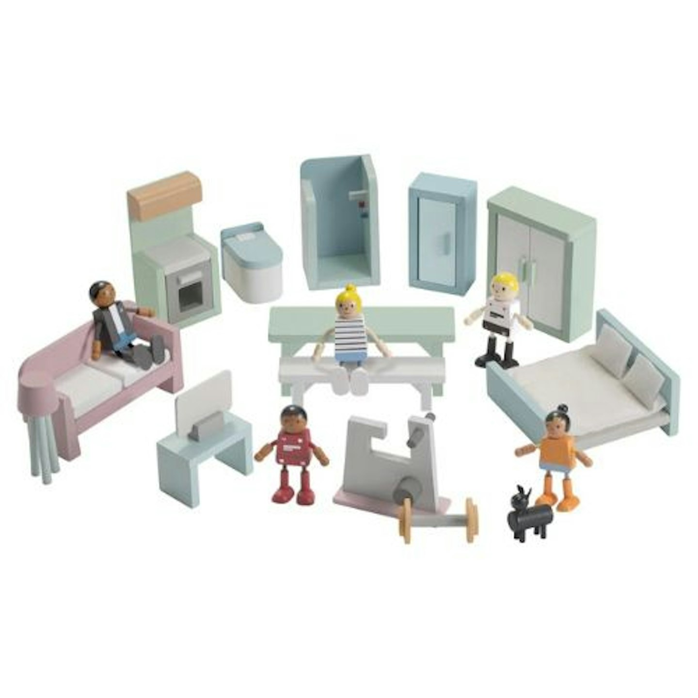 Wooden Toy Dollshouse Furniture And Family Set