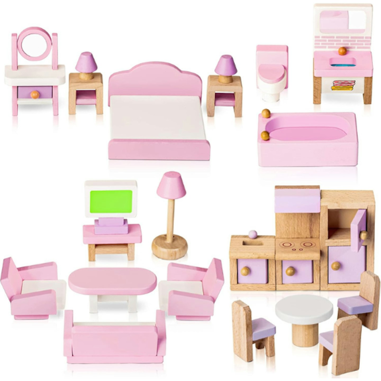 Wooden dollhouse furniture set