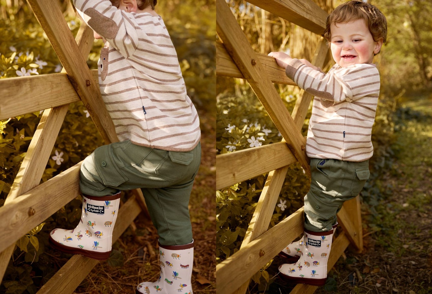 Happy toddler playing outdoors with wellies on