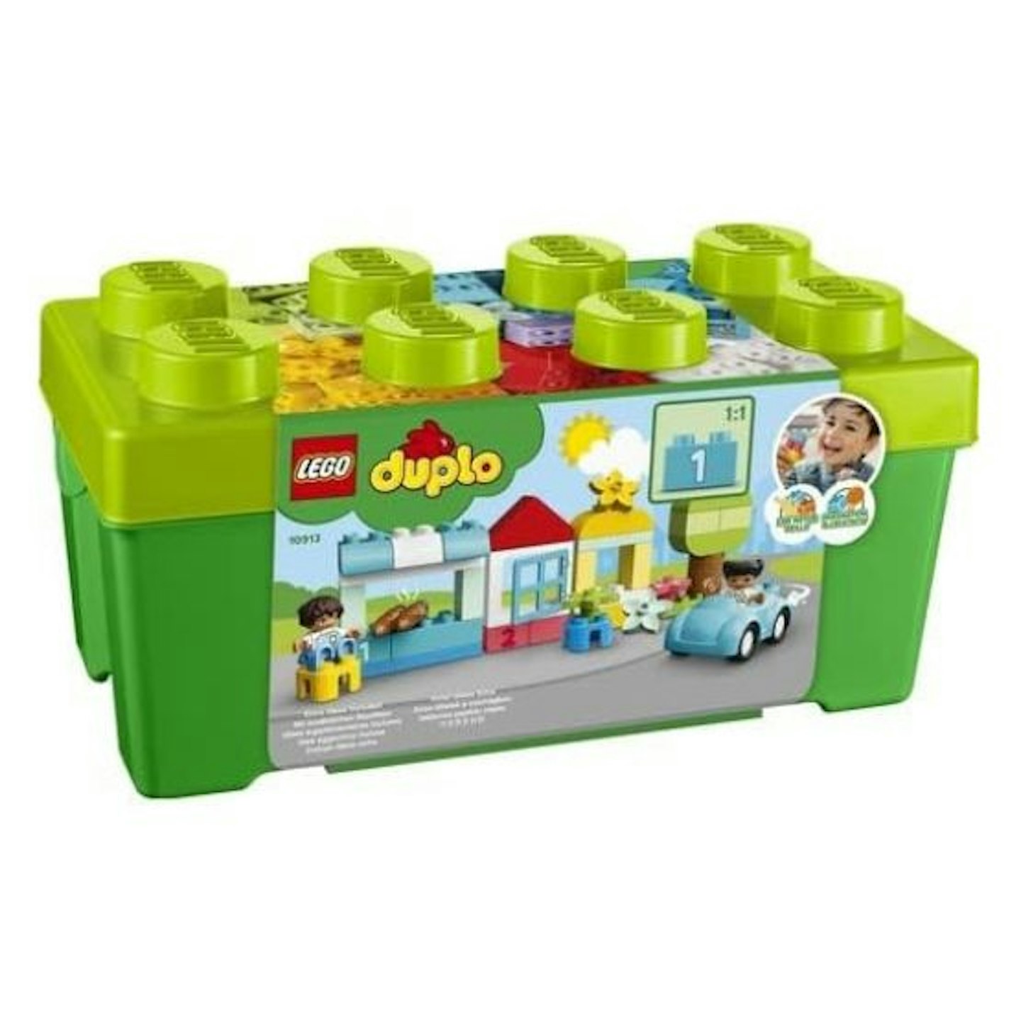 A green box in the shape of a large lego brick, with Duplo blocks