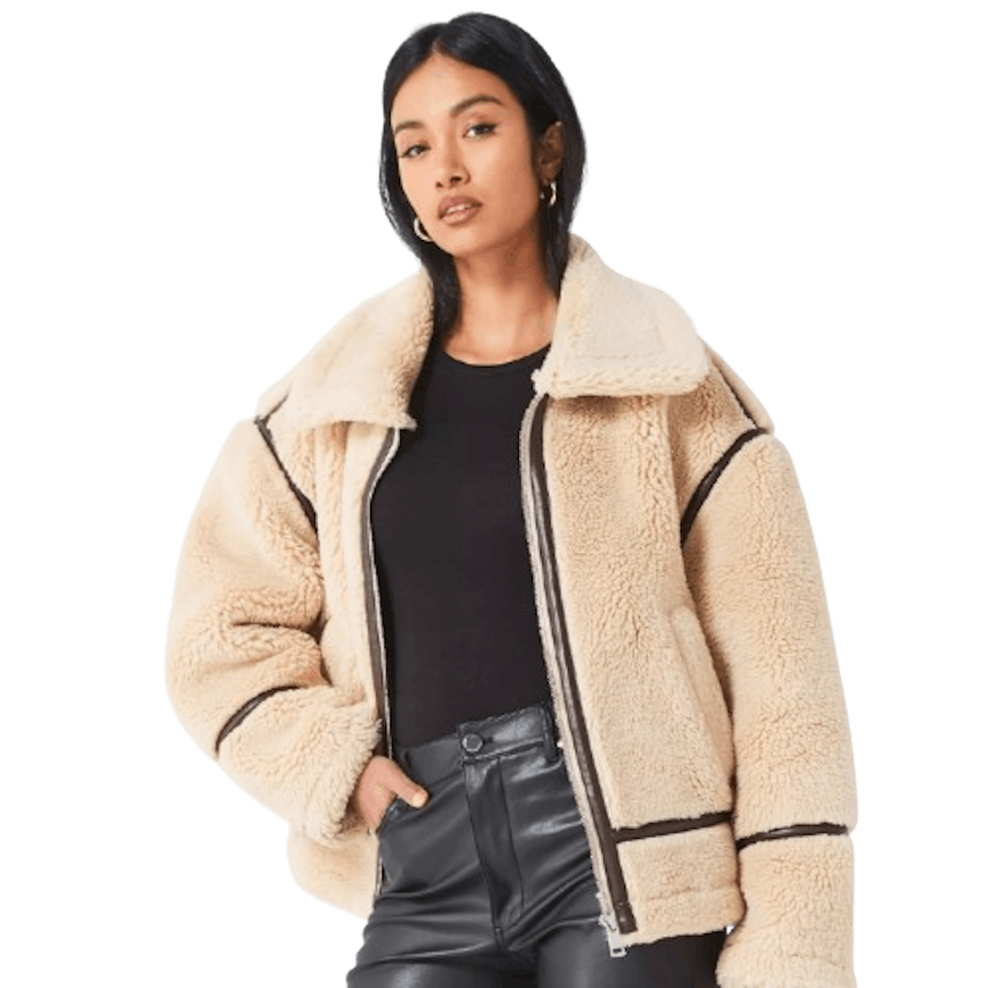 Faux Fur Aviator Jacket With Contrast Trims 