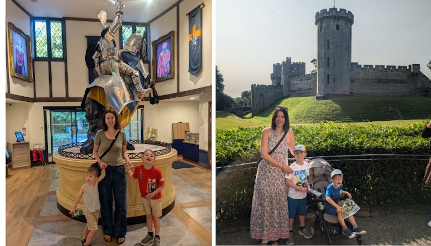 A split image of a mum at Warwick castle with kids