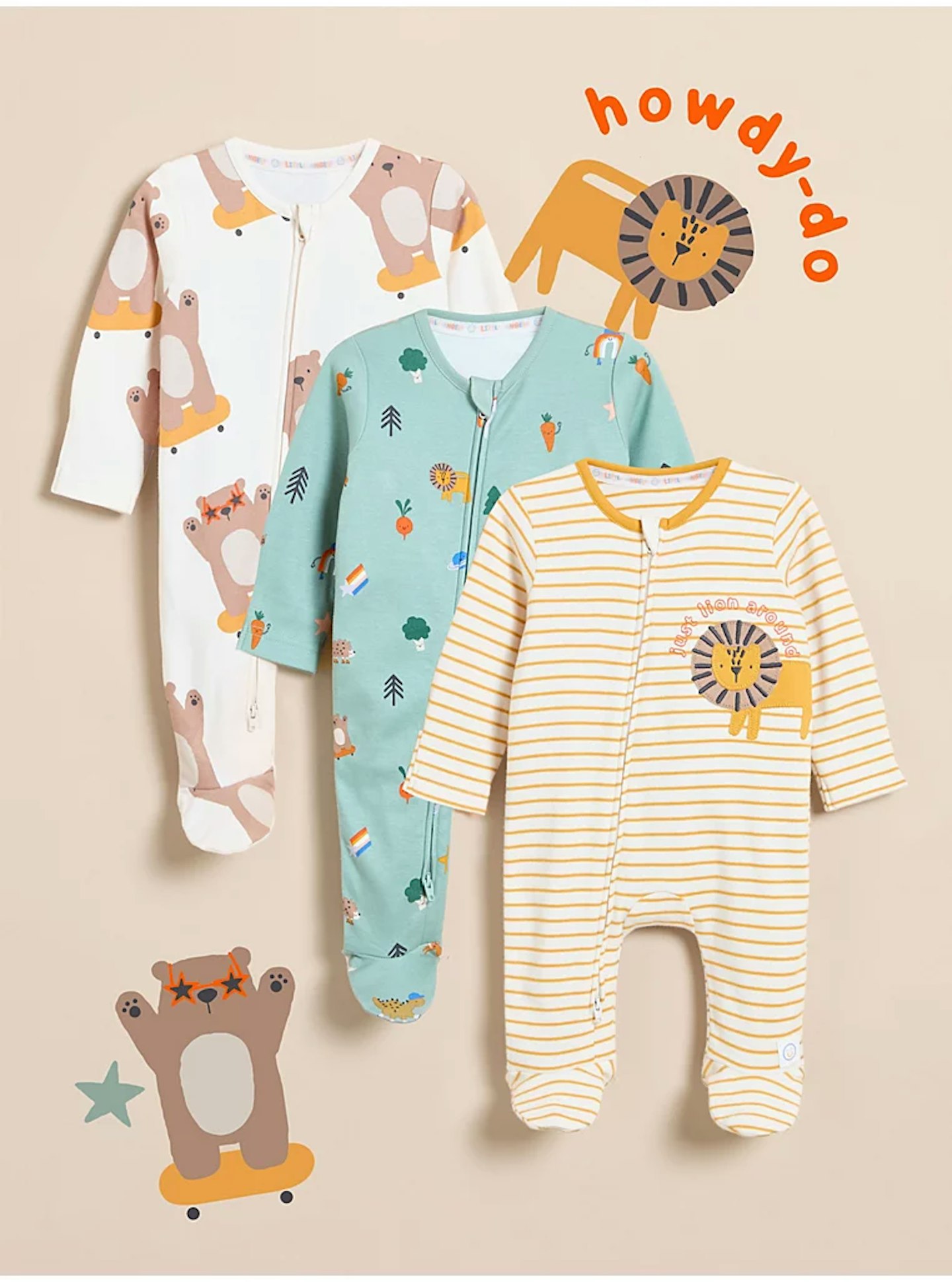 Little Angels 2 Way Zip Fasten Sleepsuits 3 Pack