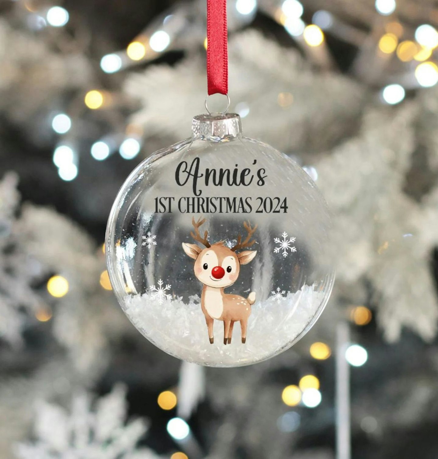 Personalised Rudolph Baby's 1st Christmas Snow filled Glass Christmas Tree Bauble Ornament