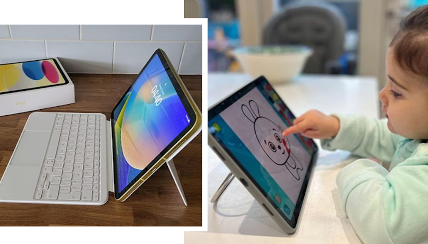 Collage of a child using a table for kids iPad