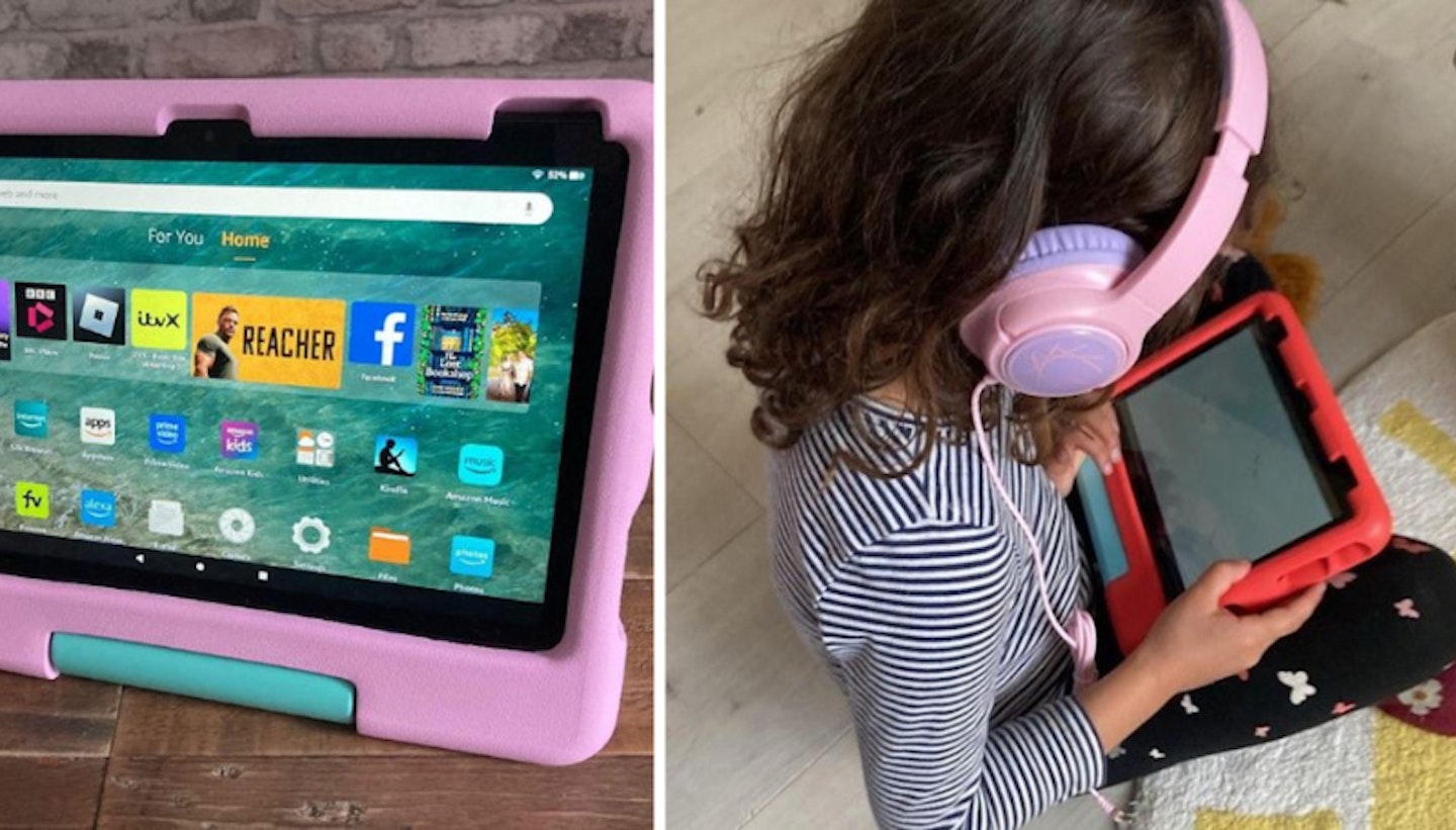 First image on the left is a close up of the Amazon Fire HD 8 Kids Tablet and the second image on the right shows a kid wearing headphones and using a kids tablet