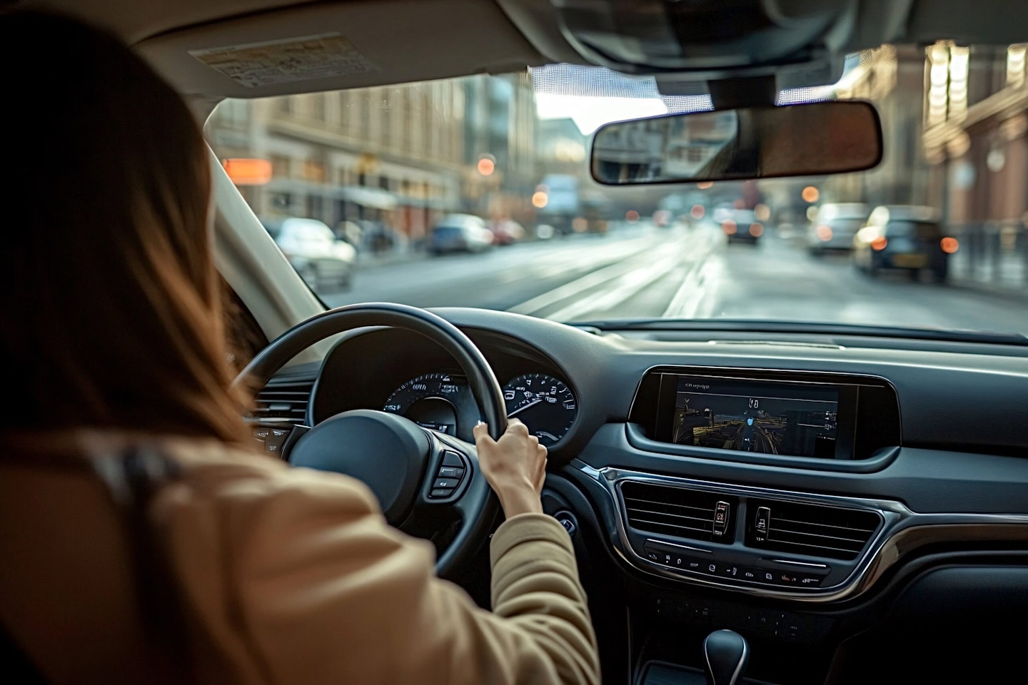 Young businesswoman driving car in city center using gps navigation