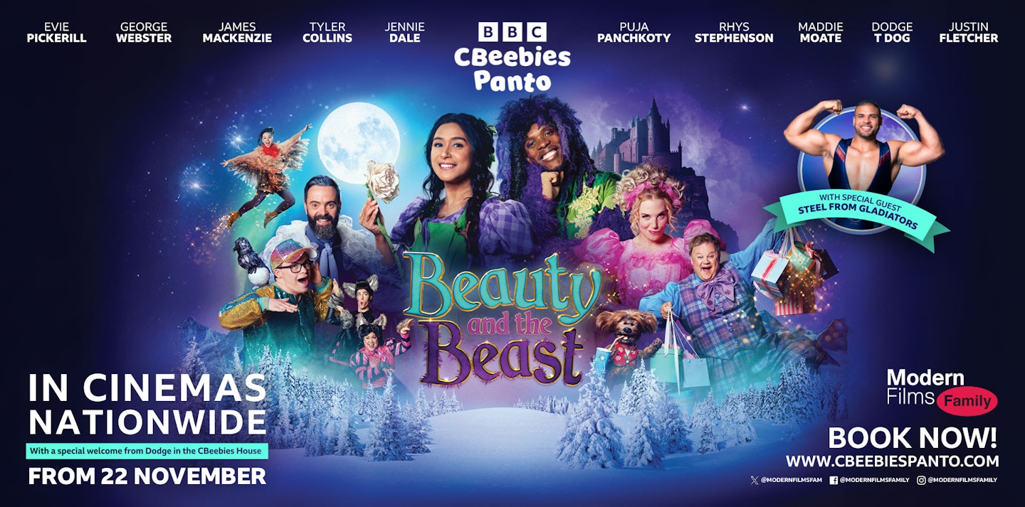 A poster showing the CBeebies Beauty and the Beast panto 2024 and the cast and detailing where people can watch the CBeebies panto 2024