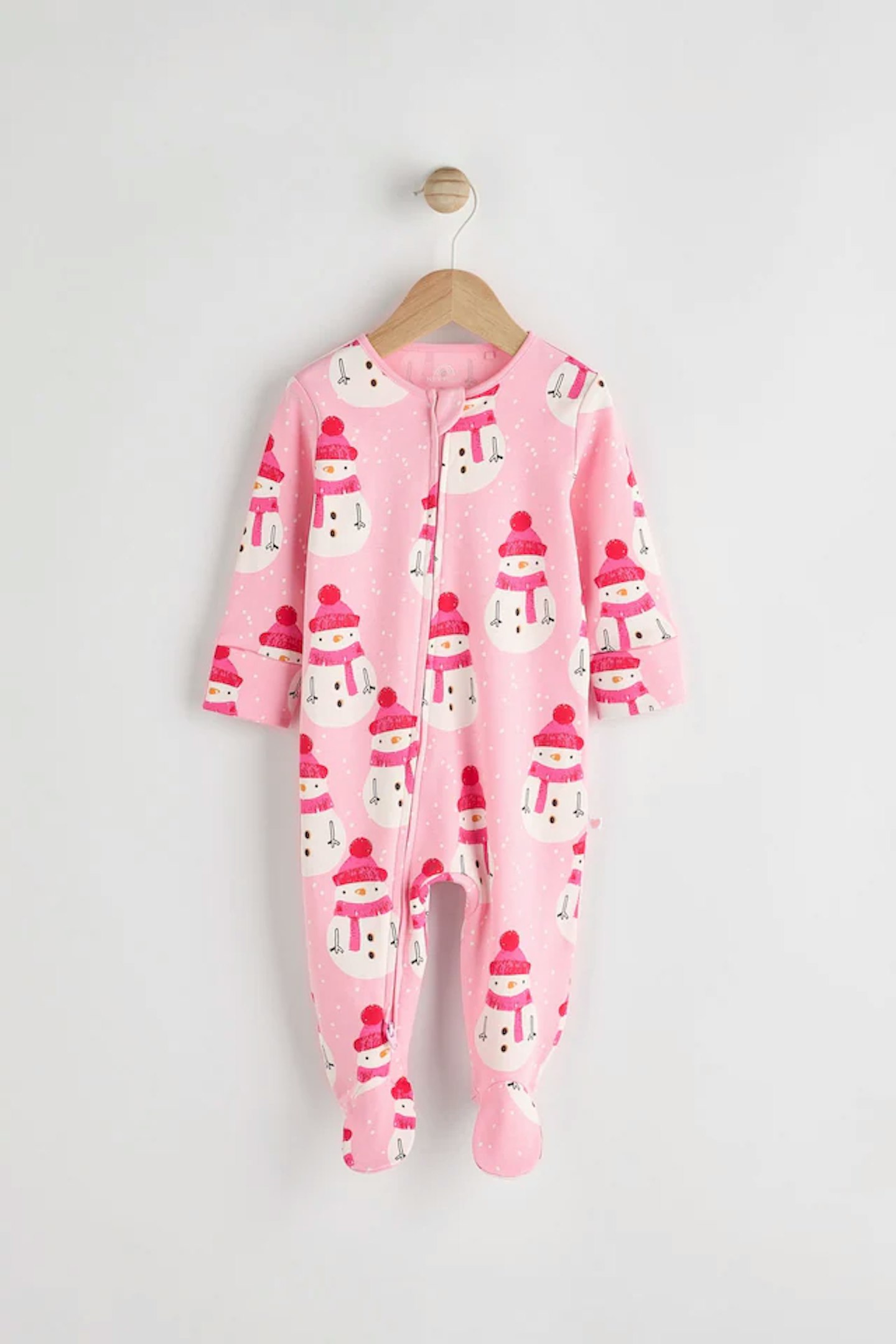 Pink Baby Printed Snowman Christmas Cotton Zip Sleepsuit