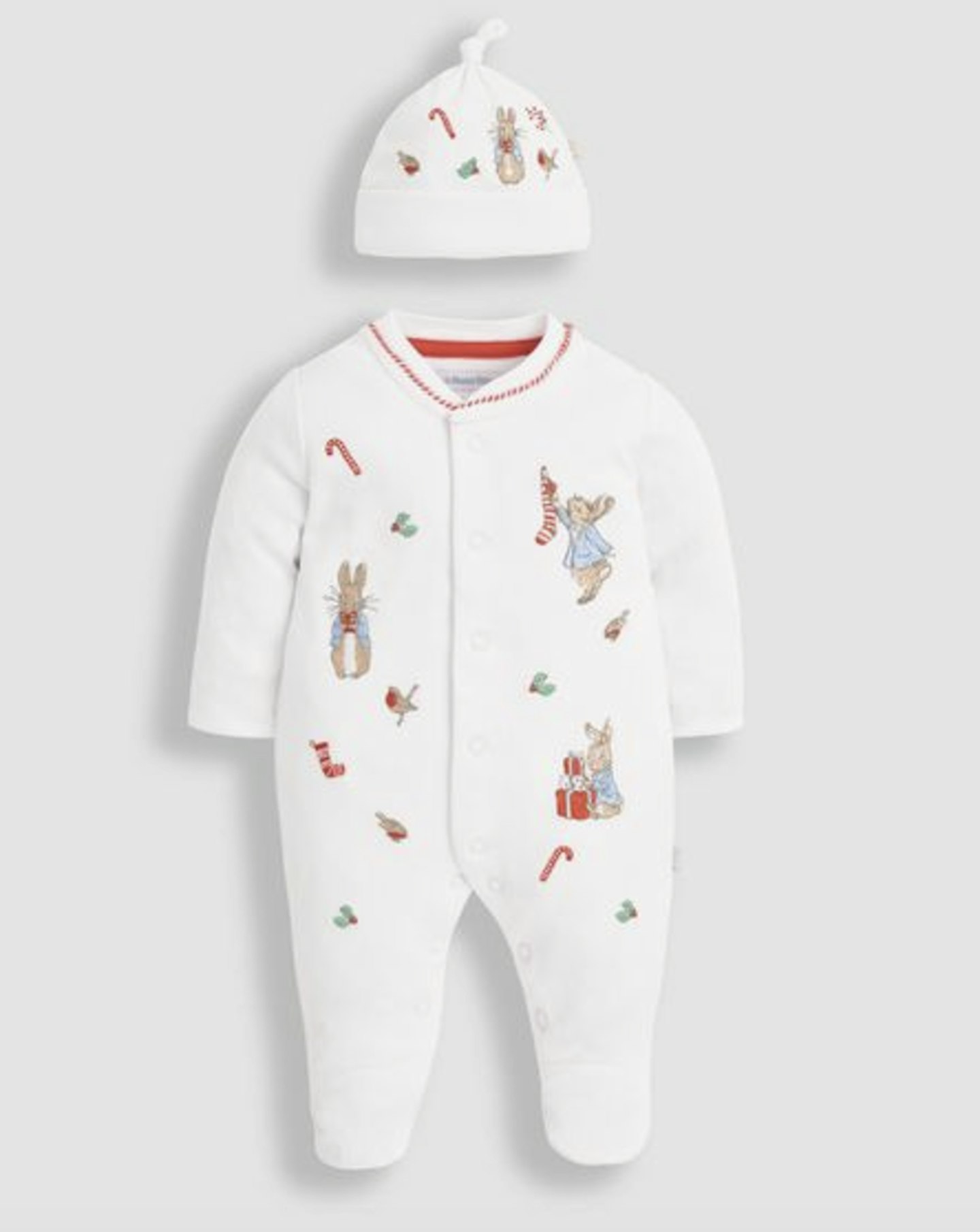 JoJo Maman Bebe Peter Rabbit Christmas Cotton Baby Sleepsuit and Hat Set