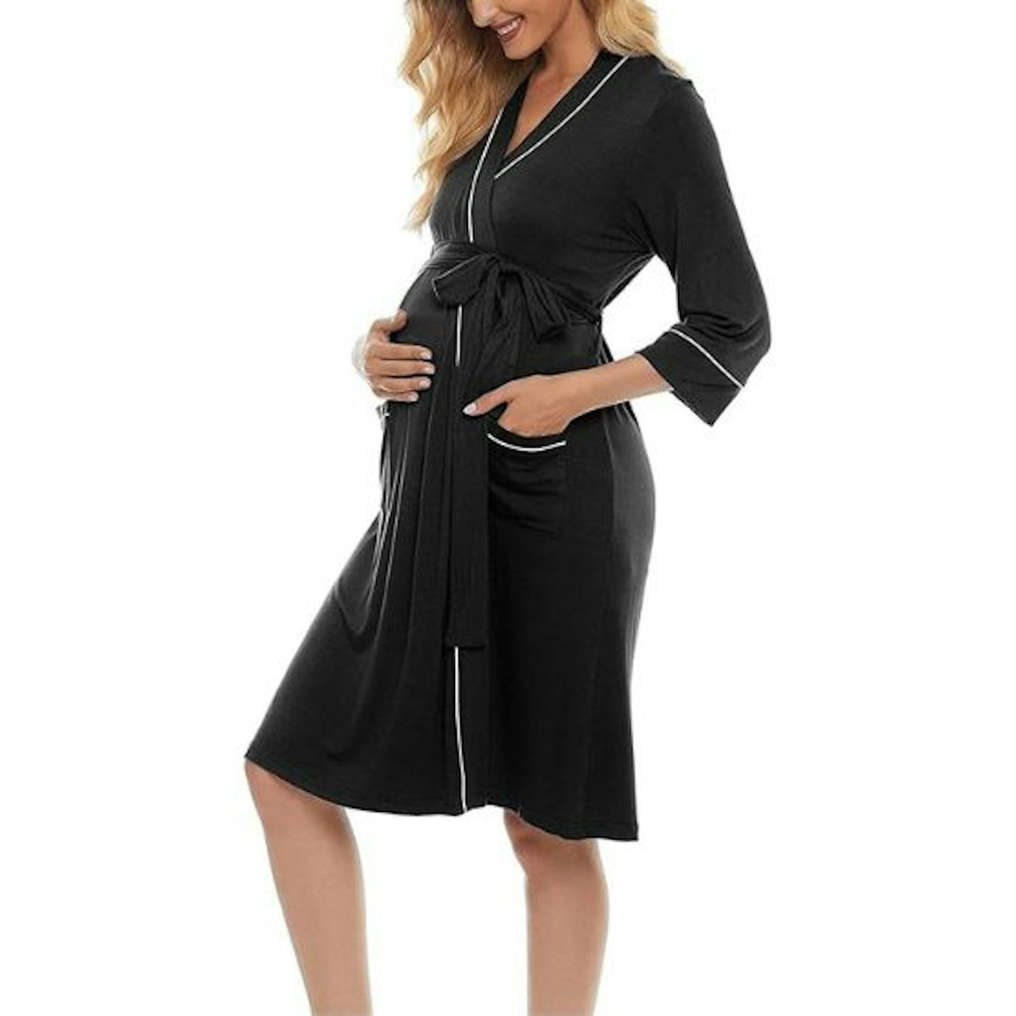 A woman wearing a black maternity dress gown