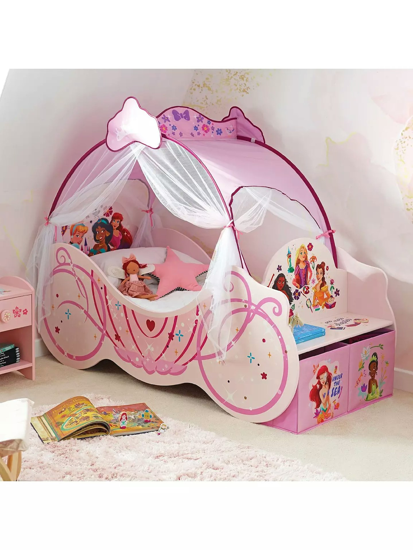 Disney Princess Toddler Carriage Bed (With Canopy and Fabric Drawers)