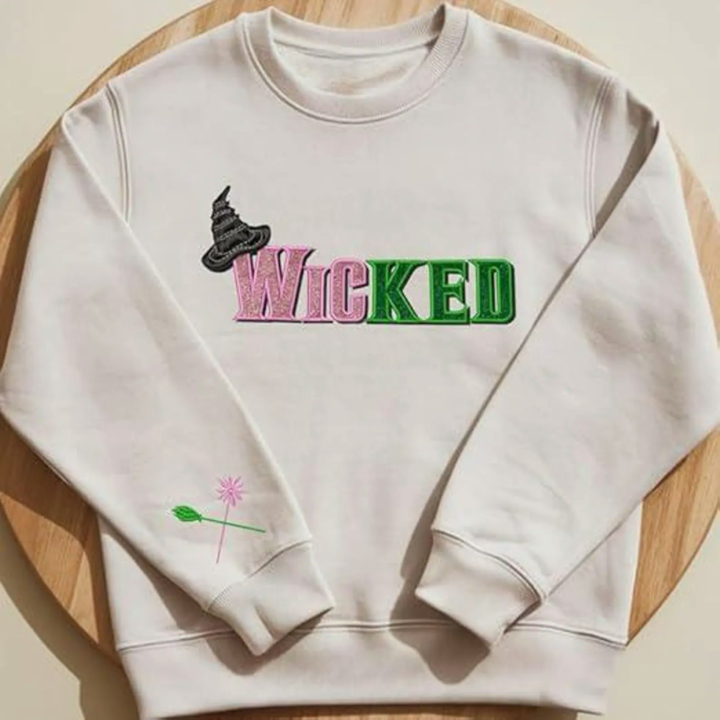 Wicked Glitter Colorful Embroidered Sweatshirt Defy Gravity Broomstick Magic Wand Hoodie