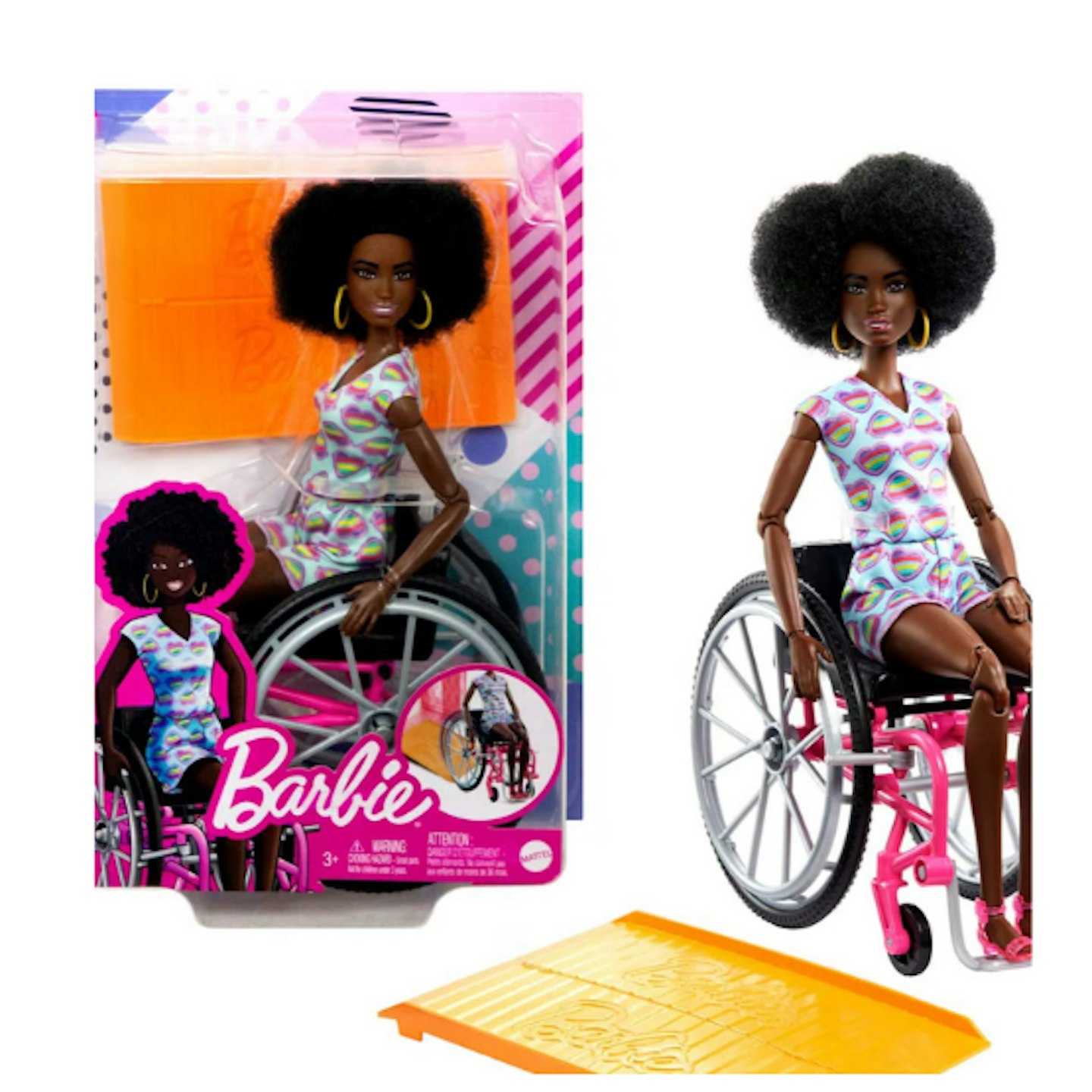 Afro Barbie wheelchair with yellow ramp on white background