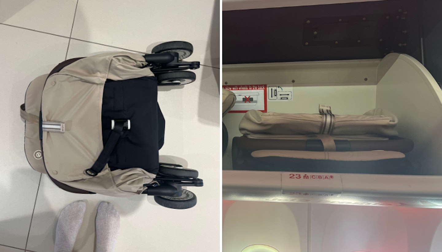 Cybex Orfeo folded and pictured on plane overhead locker