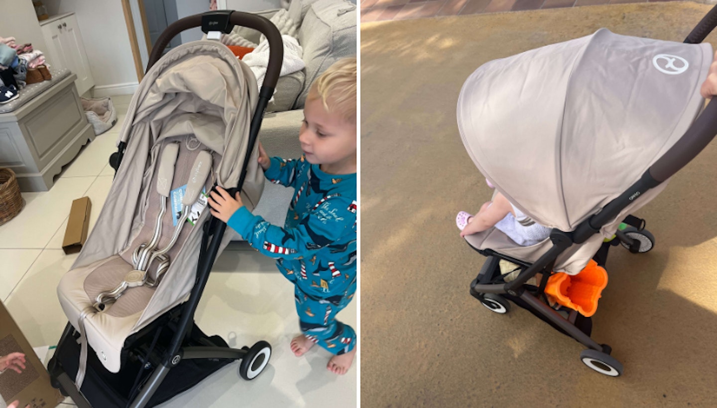 Toddler pictured with Cybex Orfeo and another photo shows the Orfeo with the sun canopy folded out