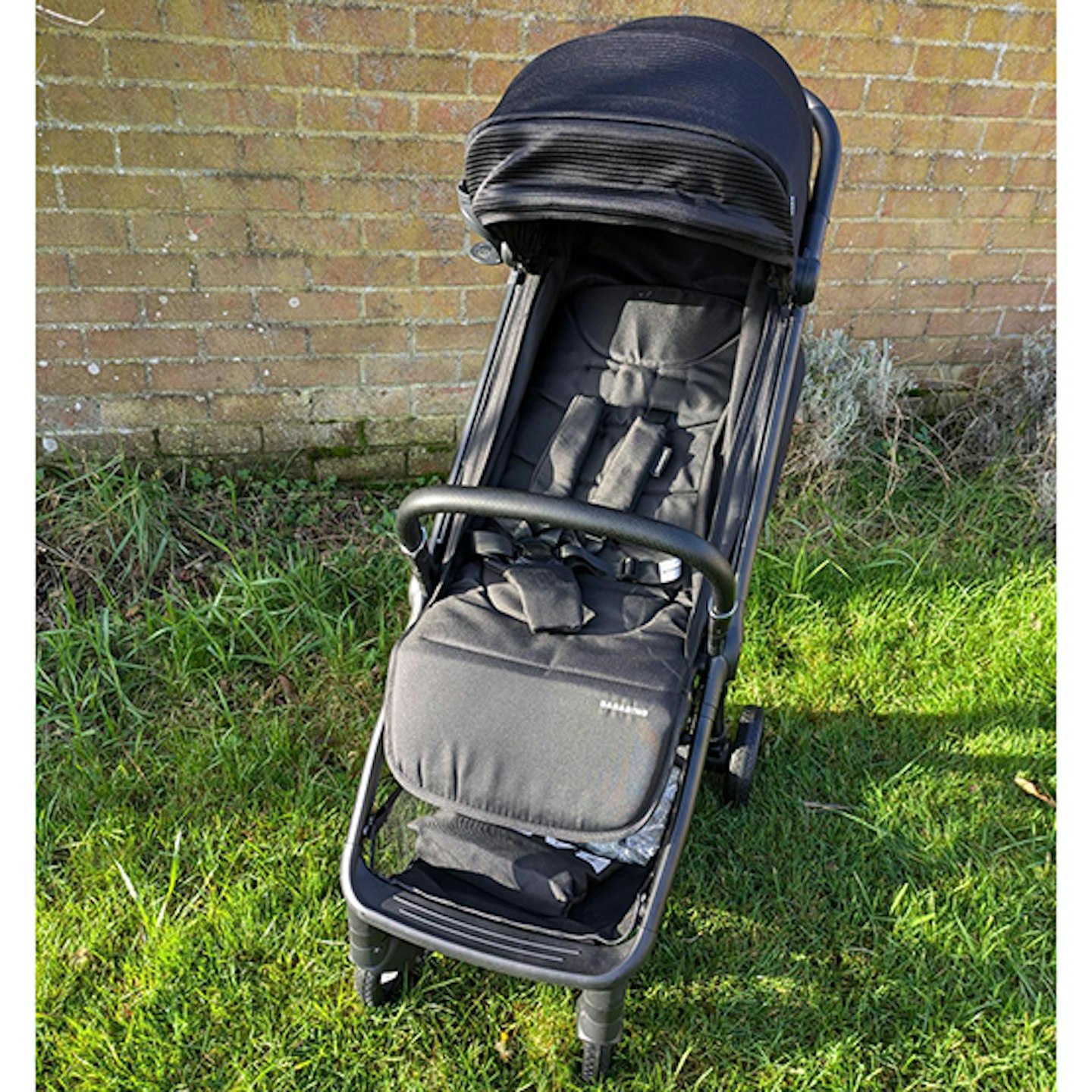 bababing travel stroller on grass