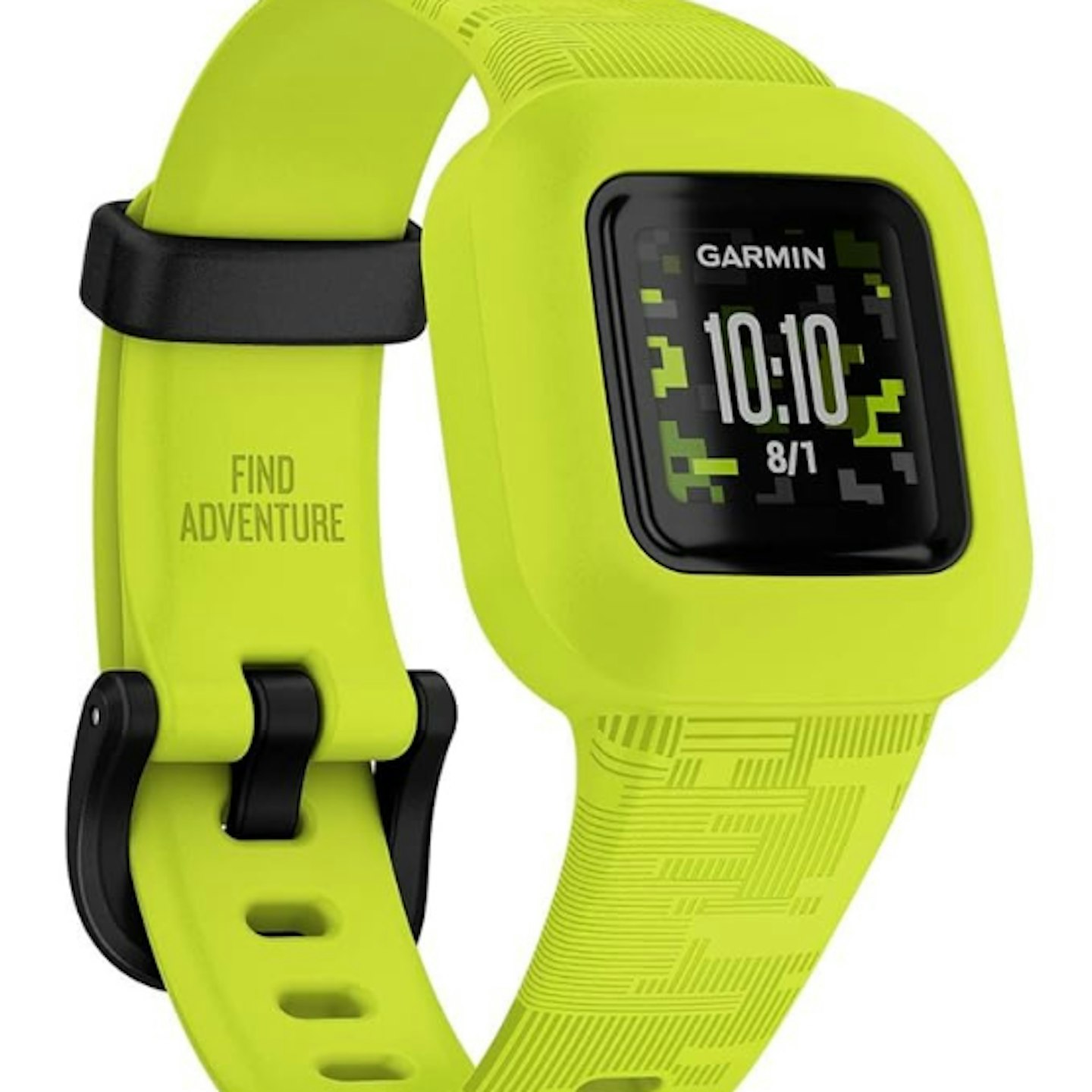 Green Garmin tracker smartwatch on white background 