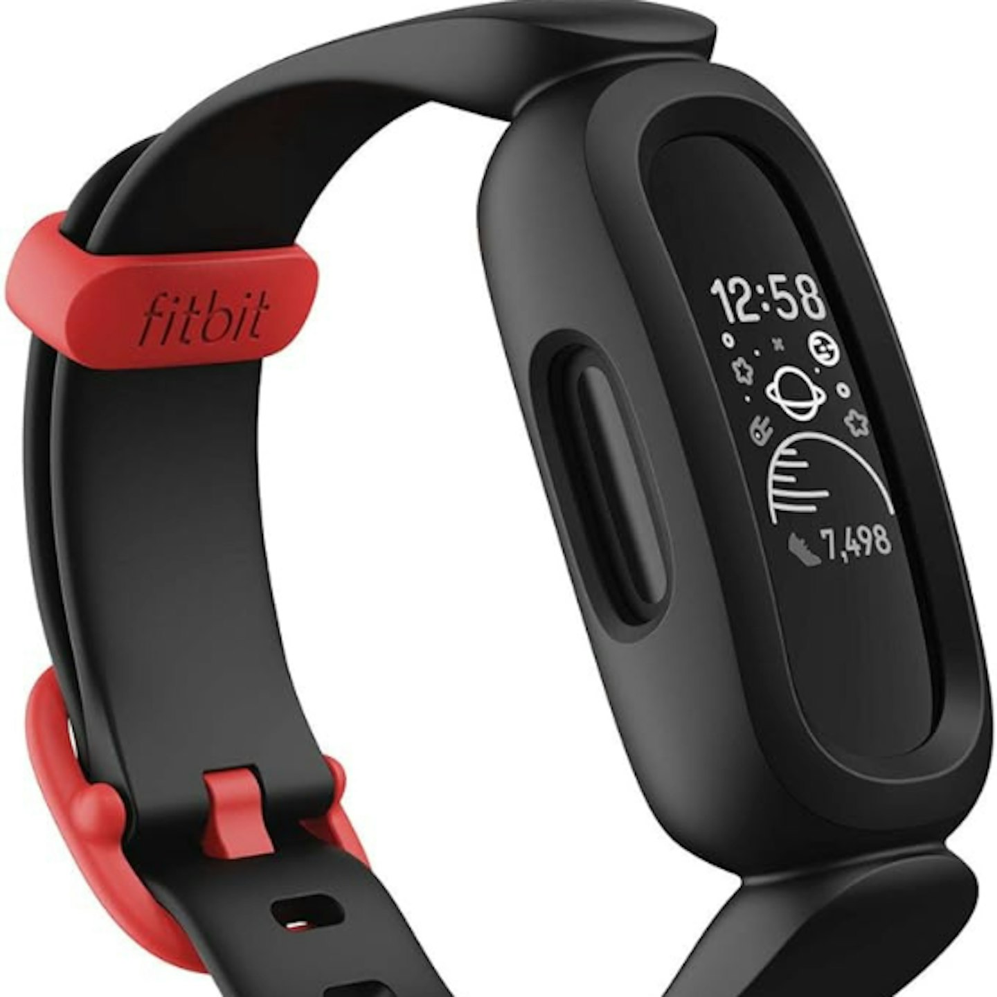 Black and red fitbit watch fitness tracker on white background