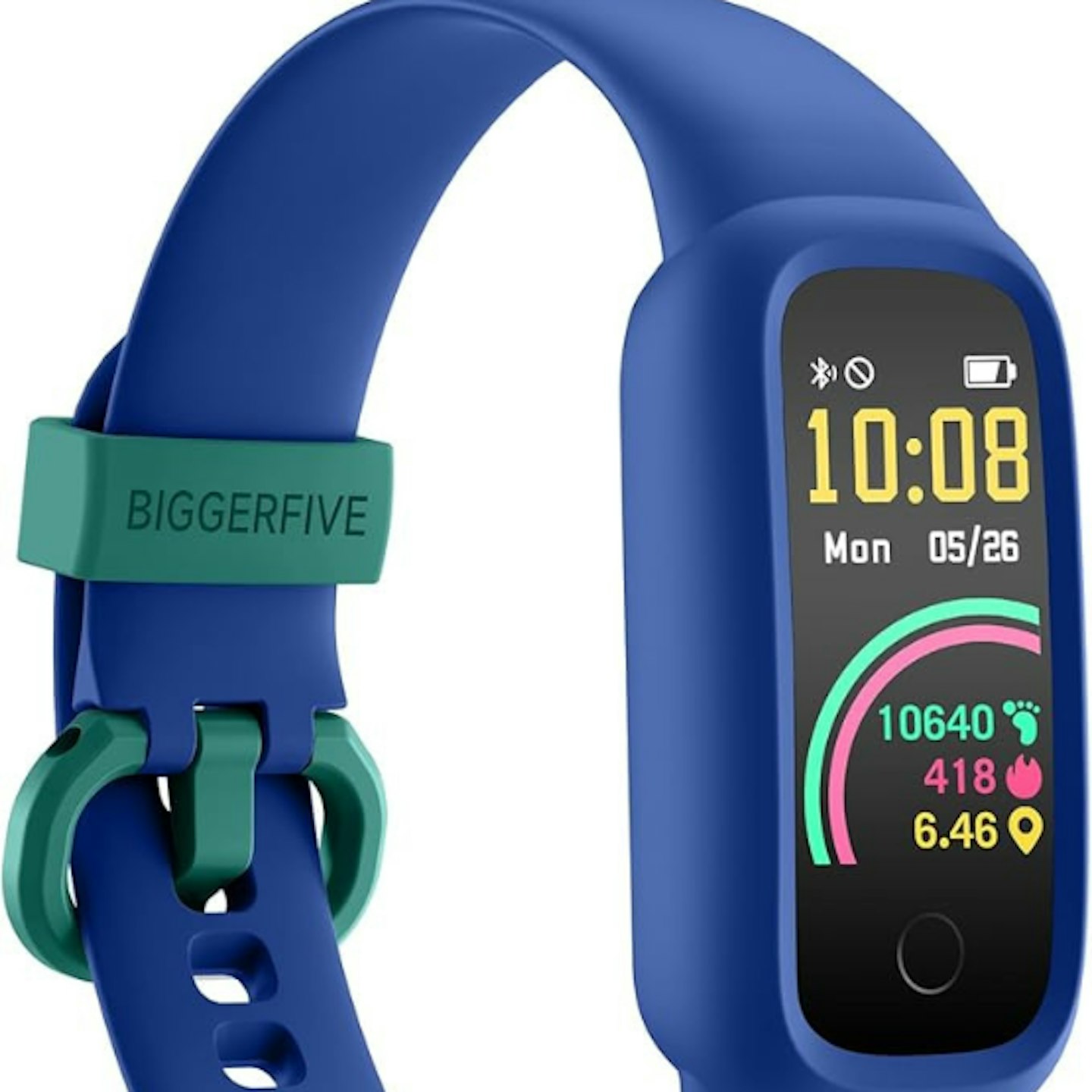 Blue smartwatch fitness tracker on white background