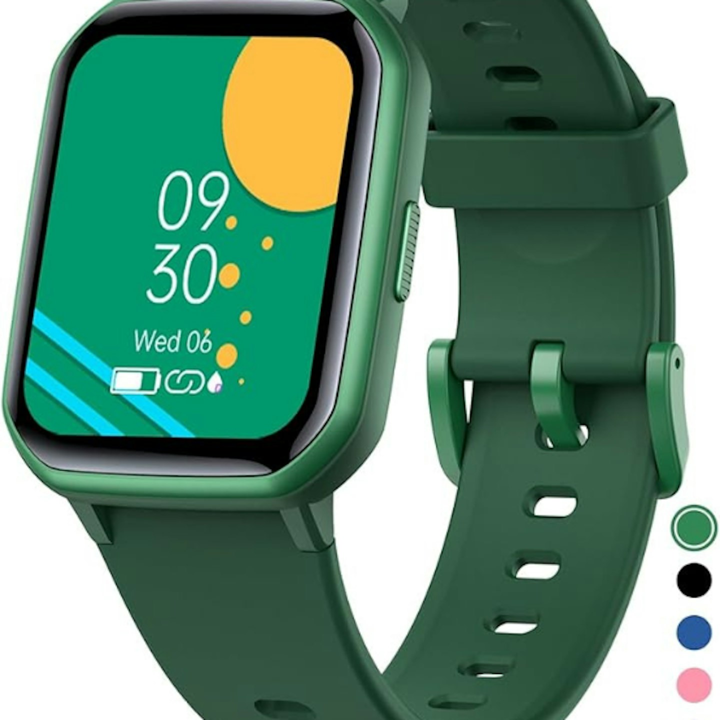 Green fitness tracker smartwatch on white background