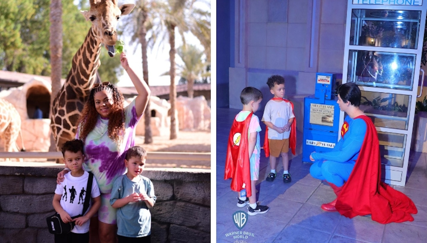 Senior digital writer, Hannah Carroll and her children enjoying the attractions in Abu Dhabi. One photograph feeding girafees and another of the children meeting Superman.