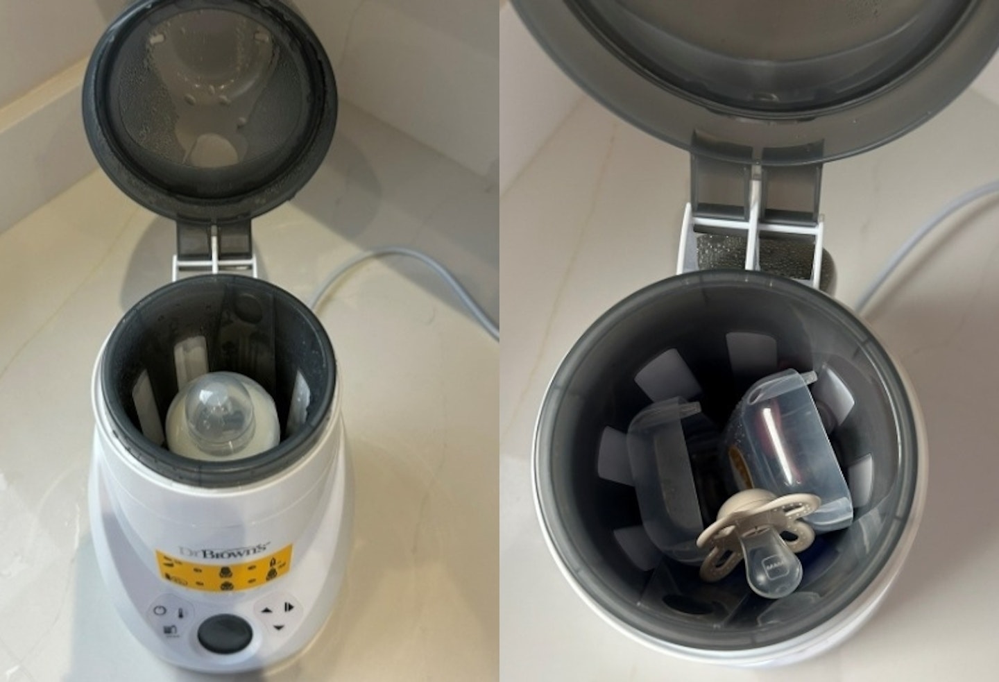 Side by side image of inside Dr Browns Steriliser and Warmer one with bottle and one with and dummy and case