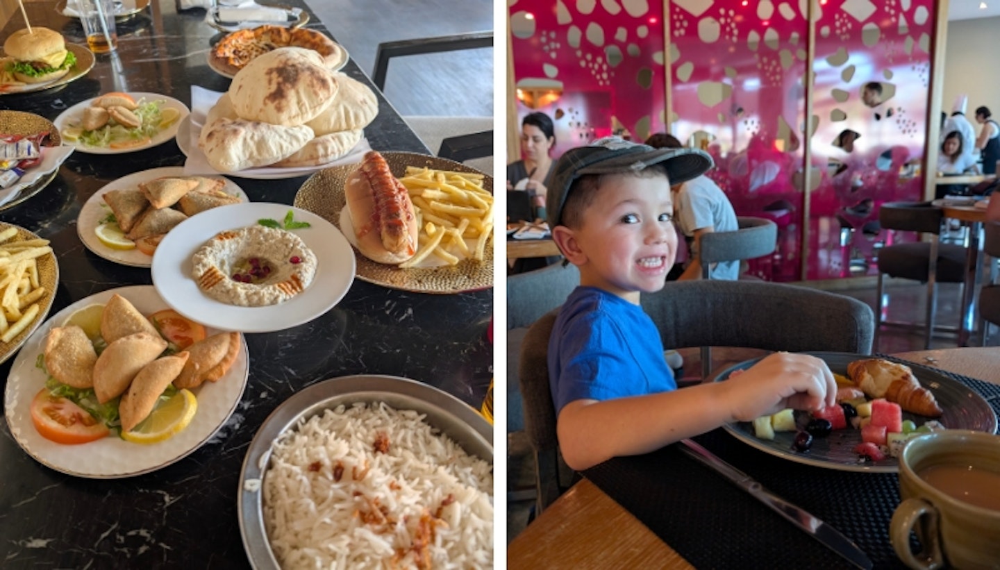 A collage of food in Abu Dhabi. One photograph is a large display of food including traditional Arabic food and a little boy enjoying breakfast.