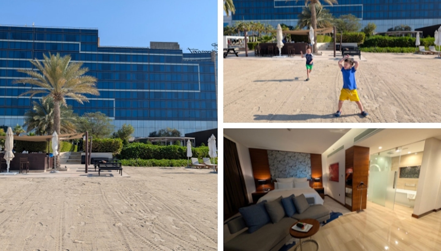 A collage of The Fairmont hotel. The pictures include children on the private beach, a photograph of the room and a picture of the hotel.