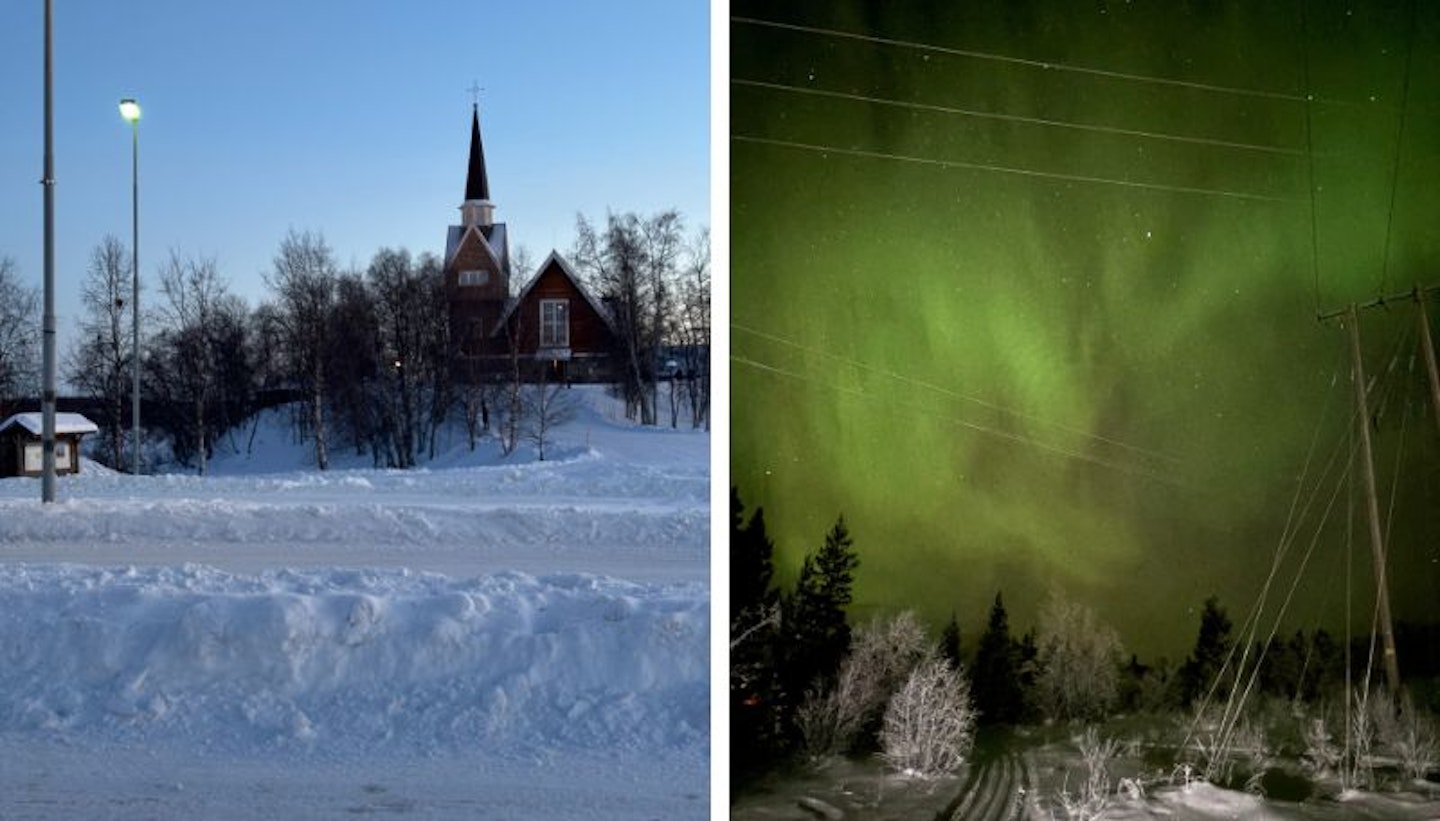 Images taken in Lapland of a church and the aurora