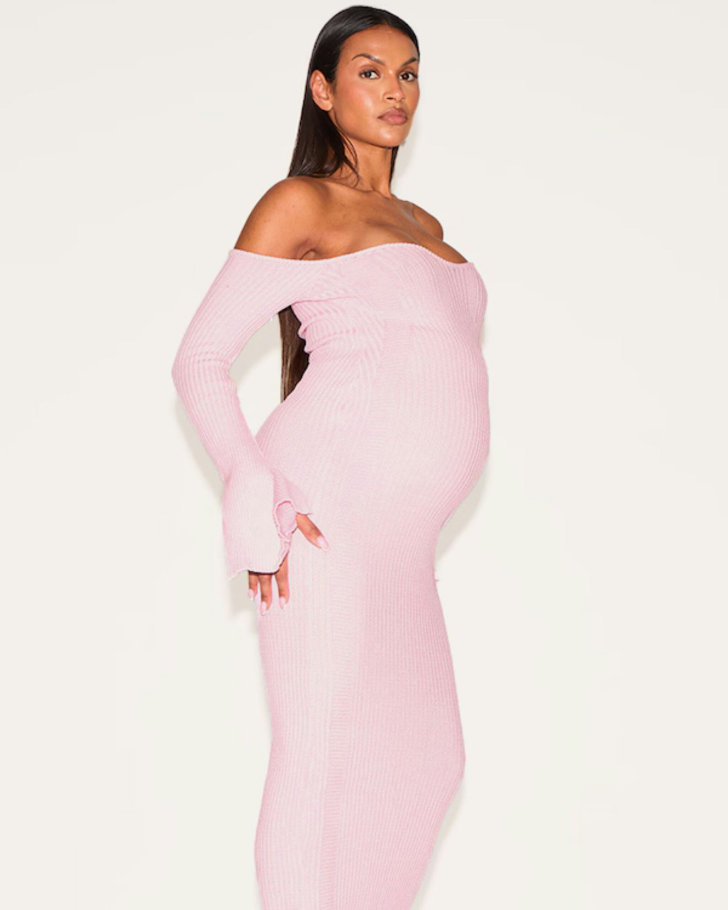 MATERNITY BABY PINK OFF THE SHOULDER CONTRAST KNIT MIDAXI DRESS