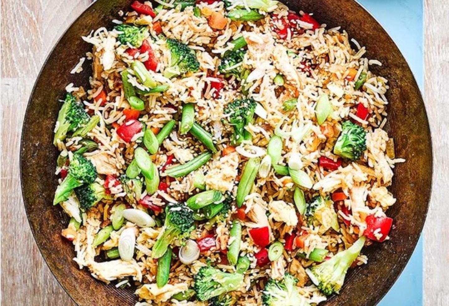 A bowl of fried rice with lots of vegetables