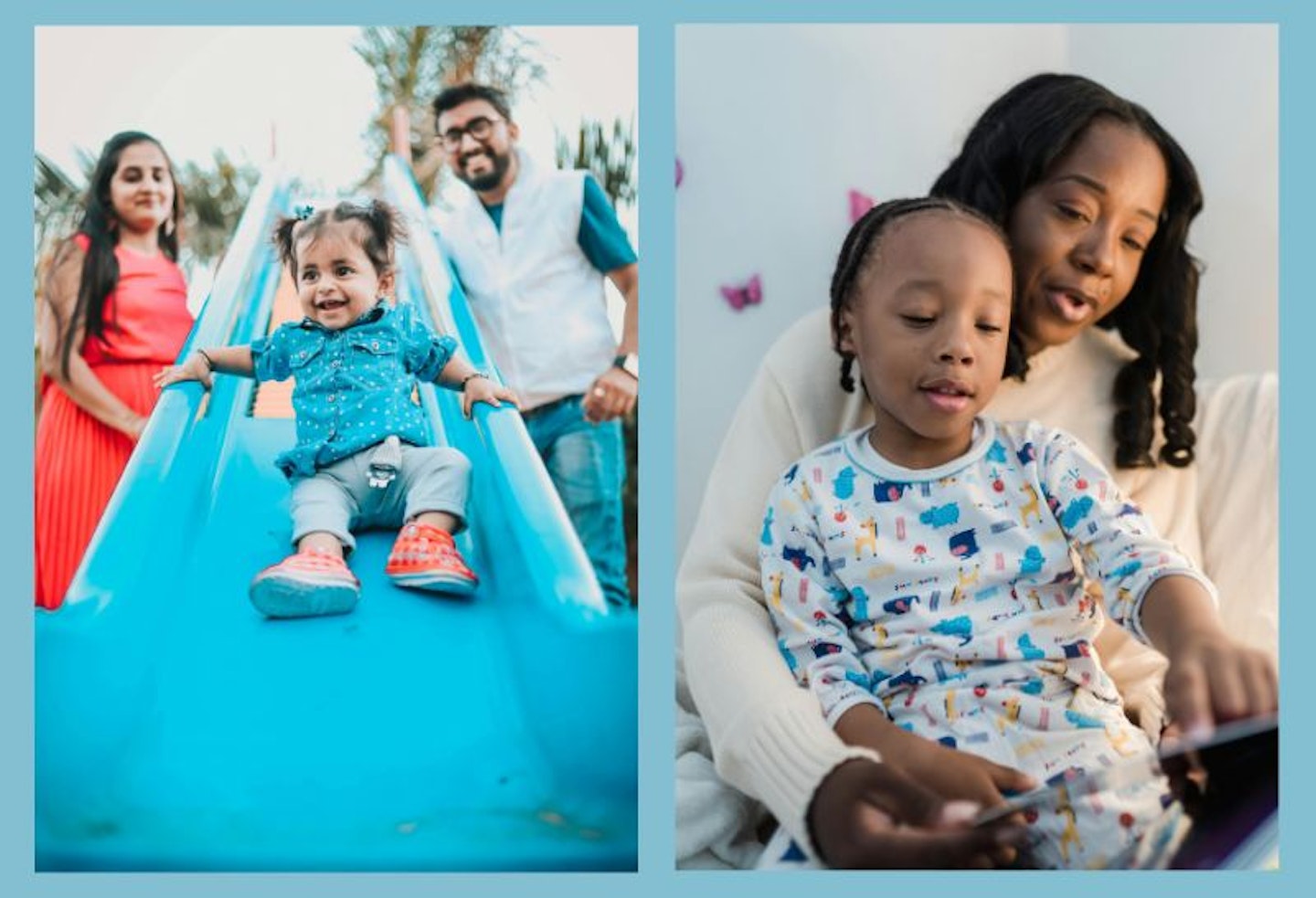 Two images of parents with adoptive children - one on a slide and one being read to