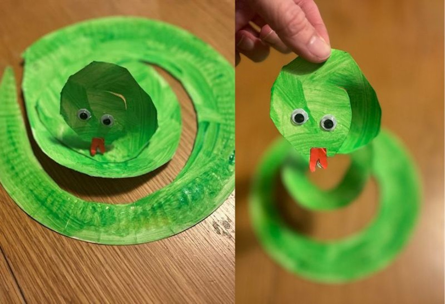 A split image of two photos of a homemade green snake made from a paper plate