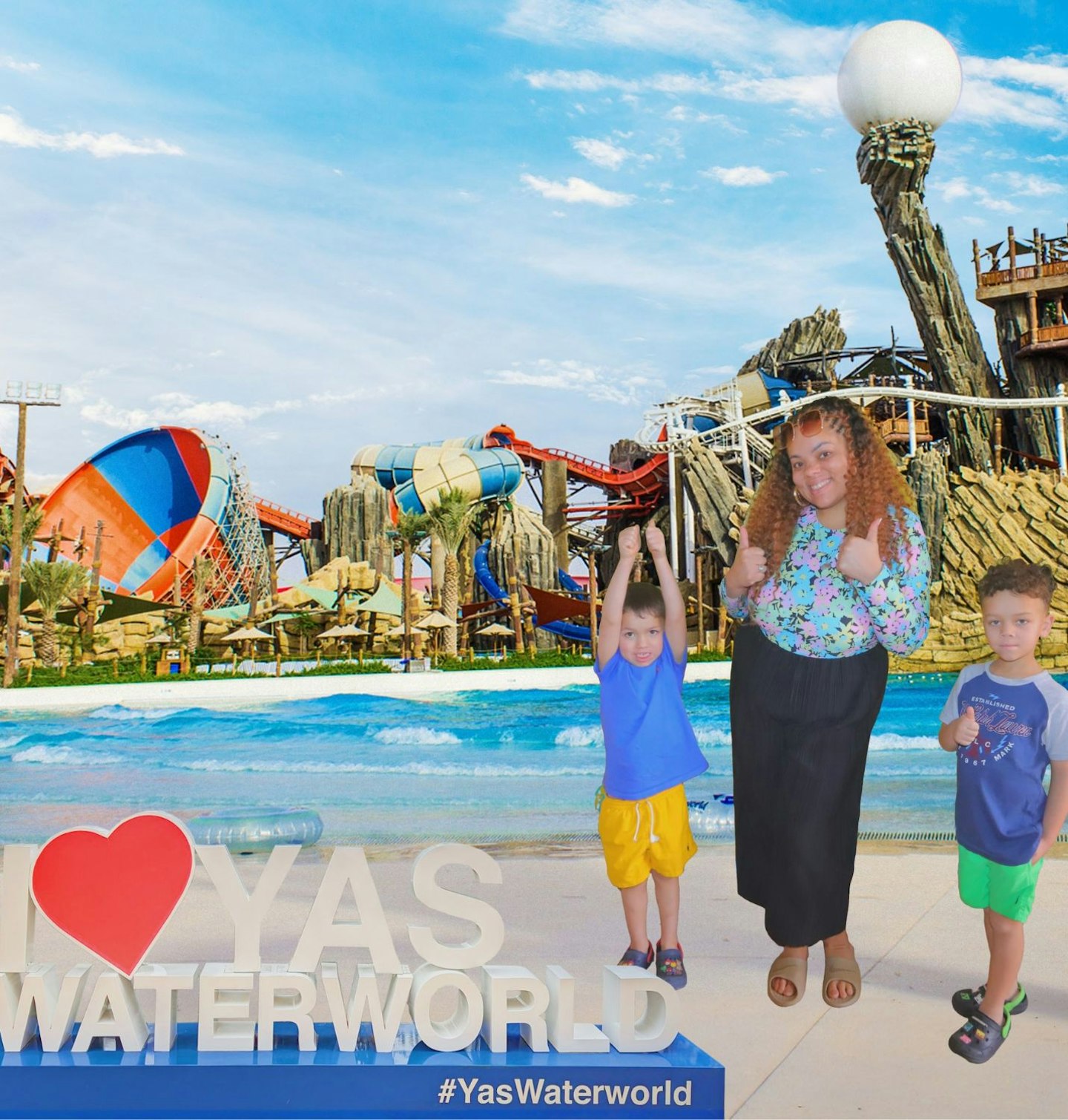 Senior writer, Hannah Carroll and her sons posing for a photograph at Yas Waterworld.