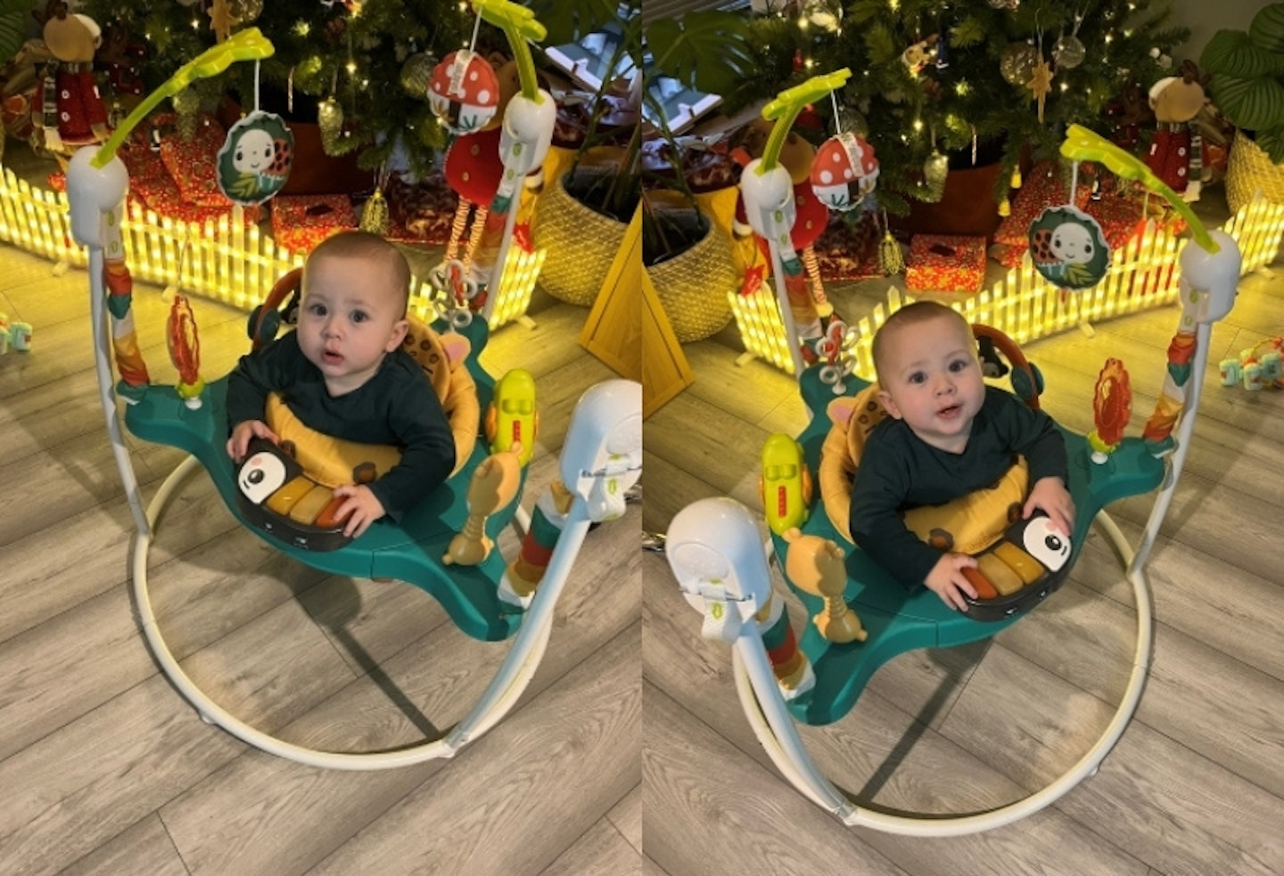 Smiling toddler sitting in the Fisher Price Leopard Jumperoo