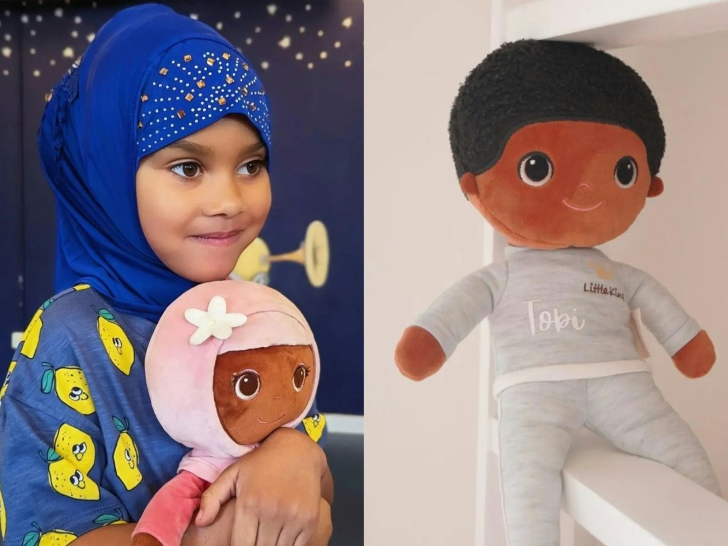 Muslim girl cuddling a Bibinee Doll, and a Bibinee Doll perched by itself on a ledge