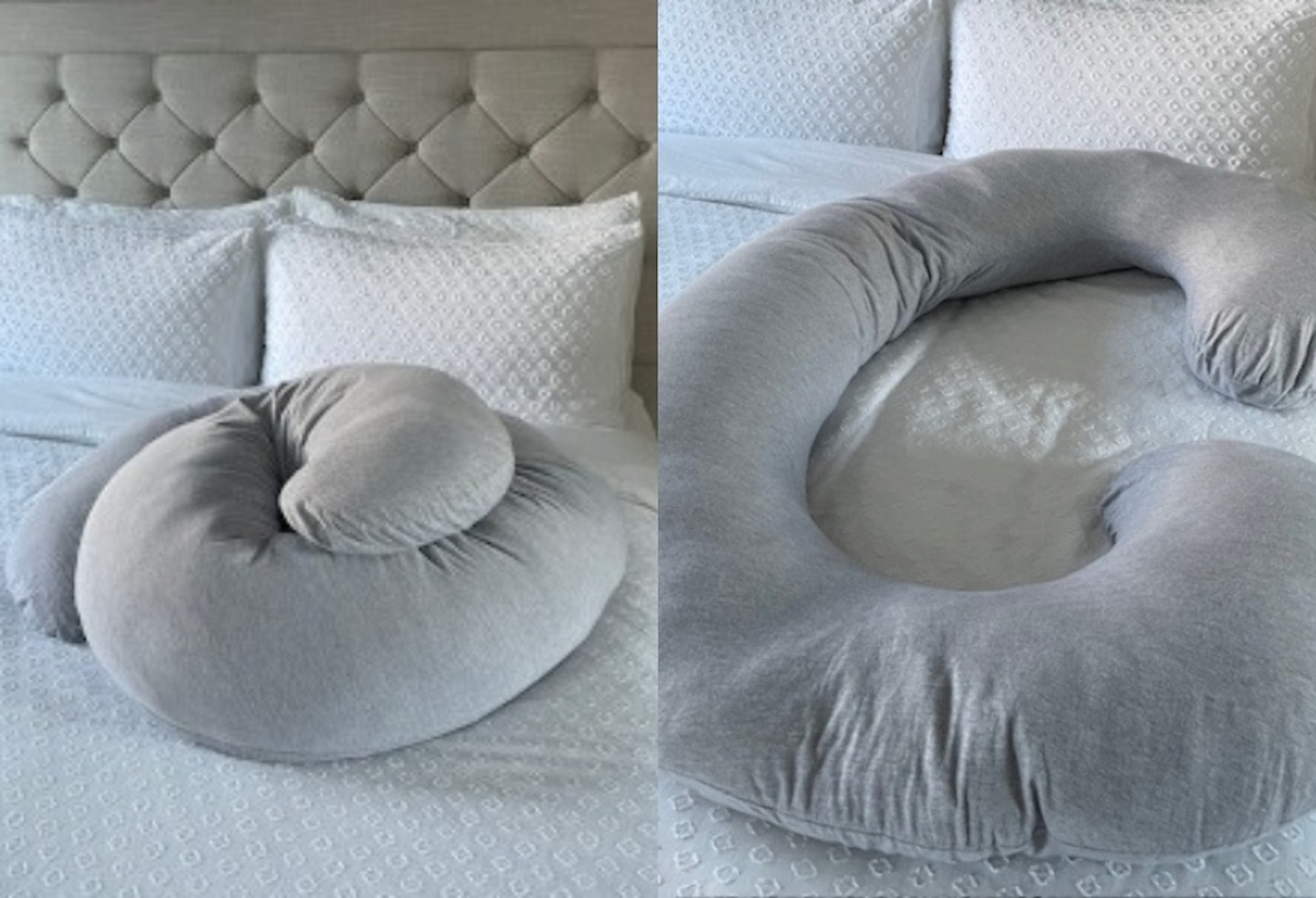 Side by side image of the Pharmedoc The CeeCee Pillow being rolled up and opened