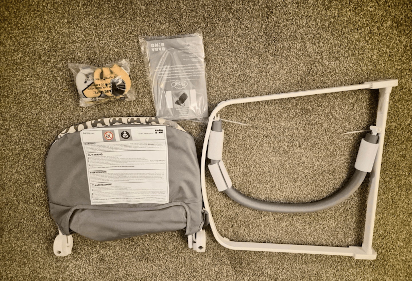 All the parts of the Bababing Float Baby Bouncer as delivered