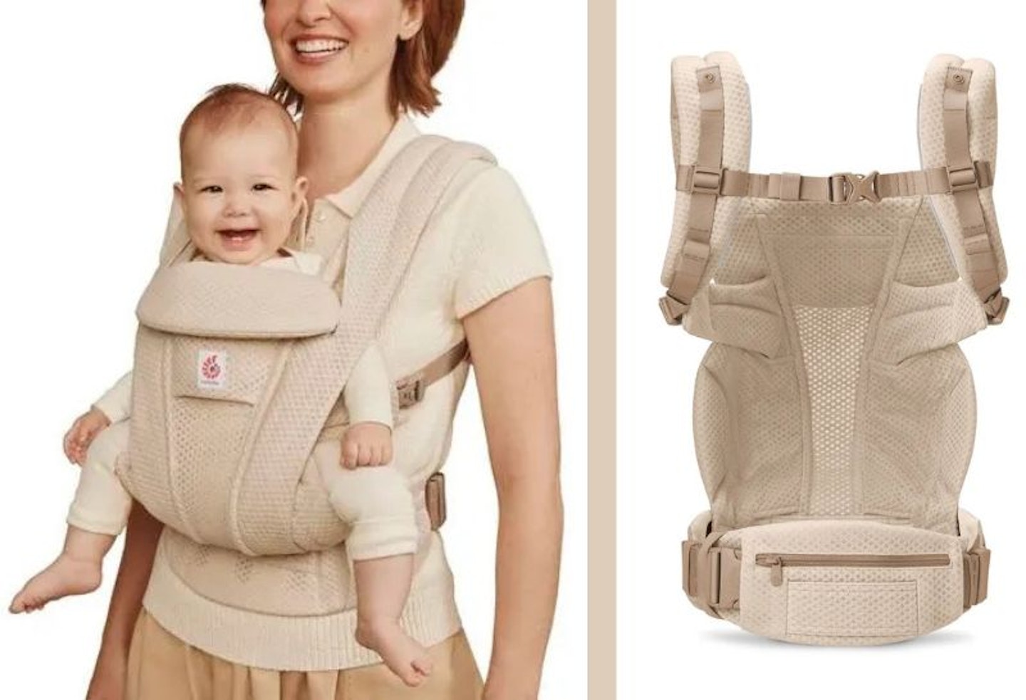 The Ergobaby Omni Deluxe being worn by a mum and a photo of it from the inside