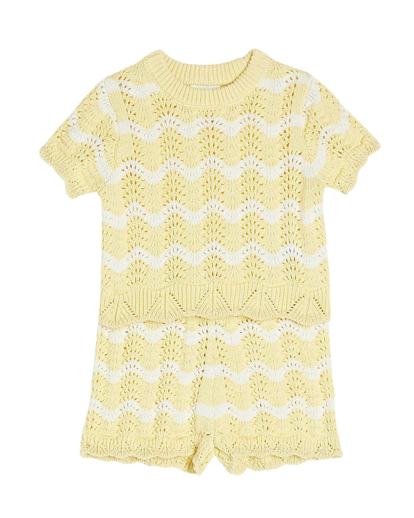 Baby Girls Yellow Striped Crochet Shorts Set