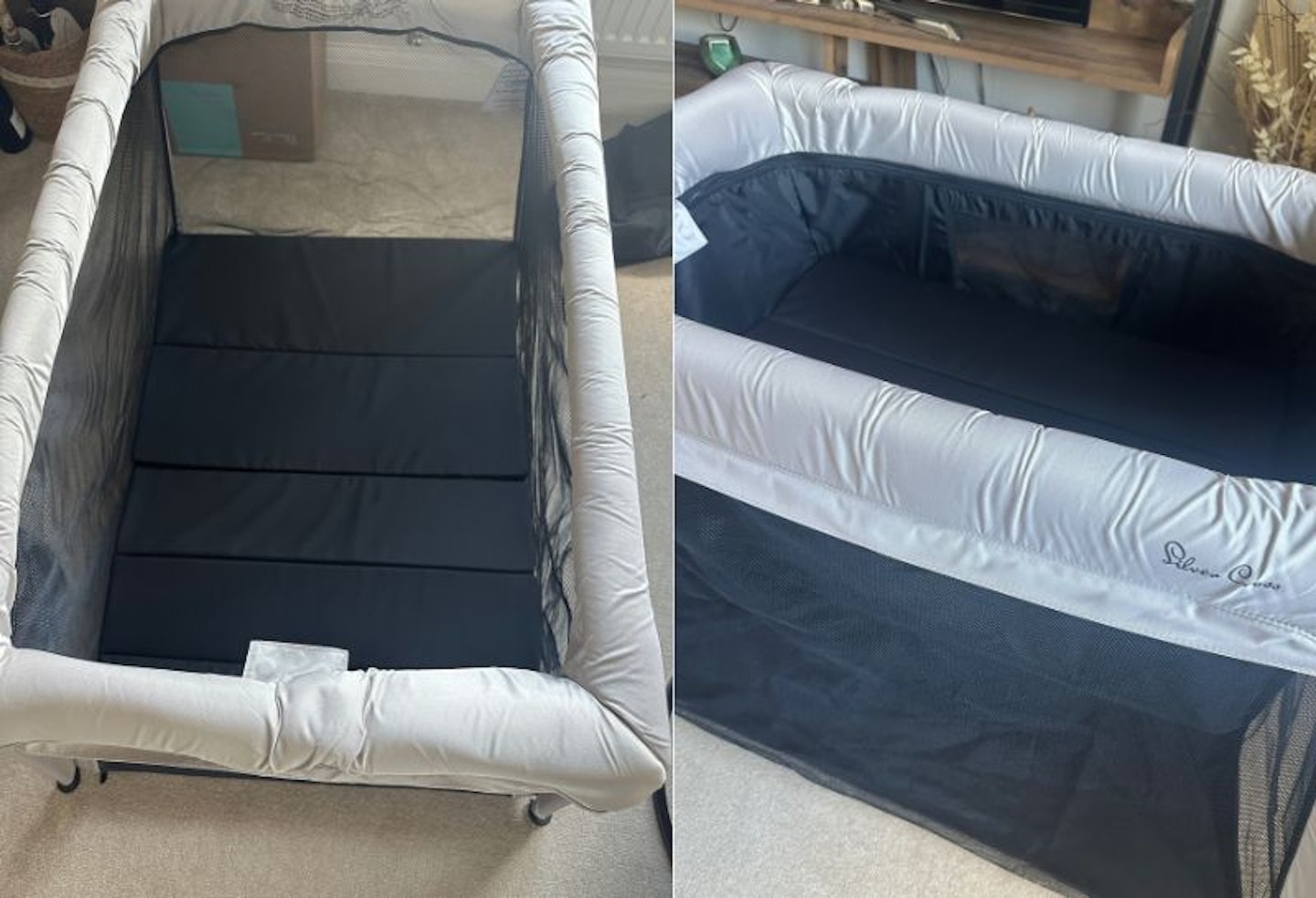 A split image showing two photos of the Silver Cross Slumber travel cot being tested in a real life setting