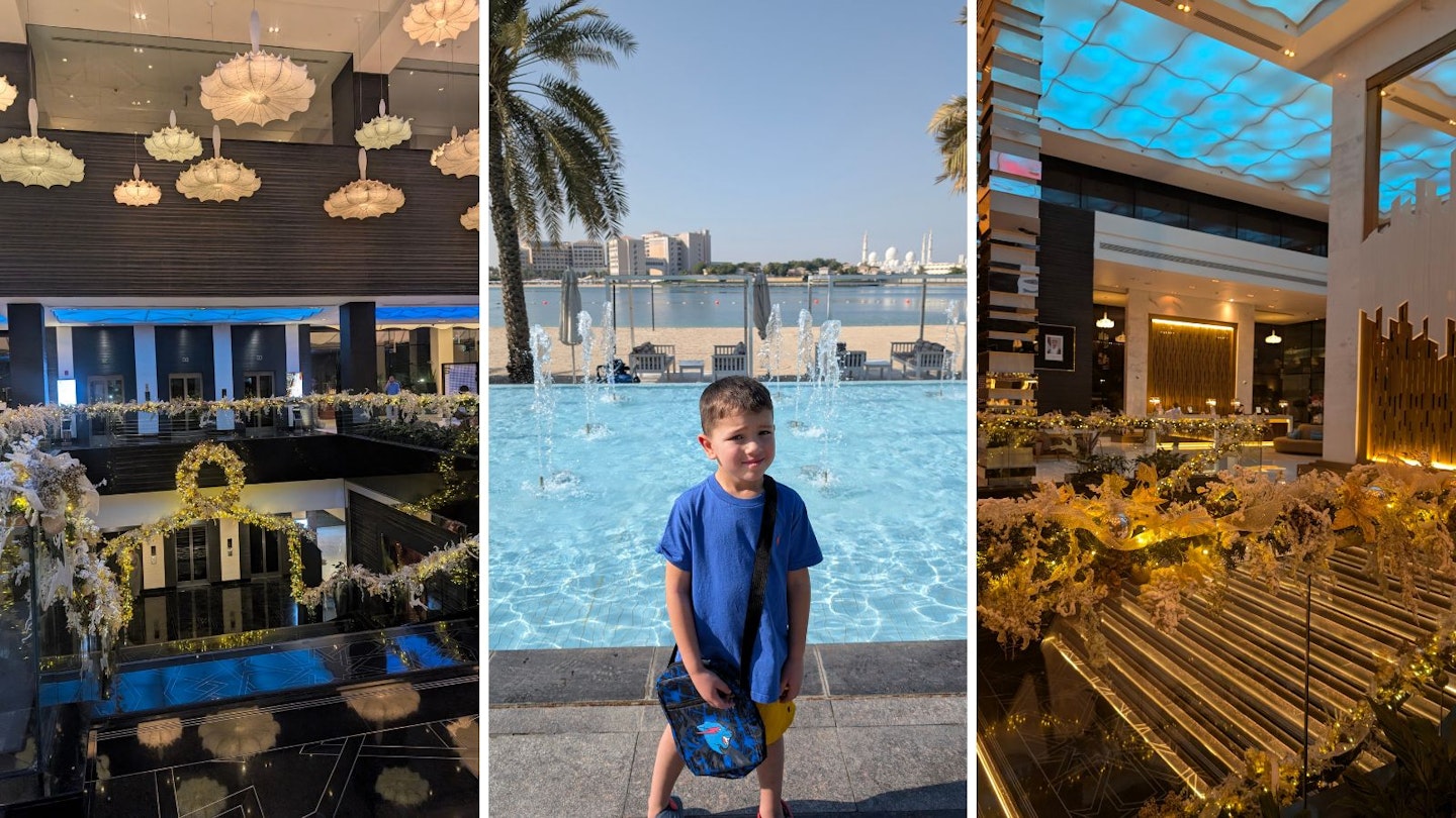 The hotel lobby and outside areas of the Fairmont Bab Al Bahr.