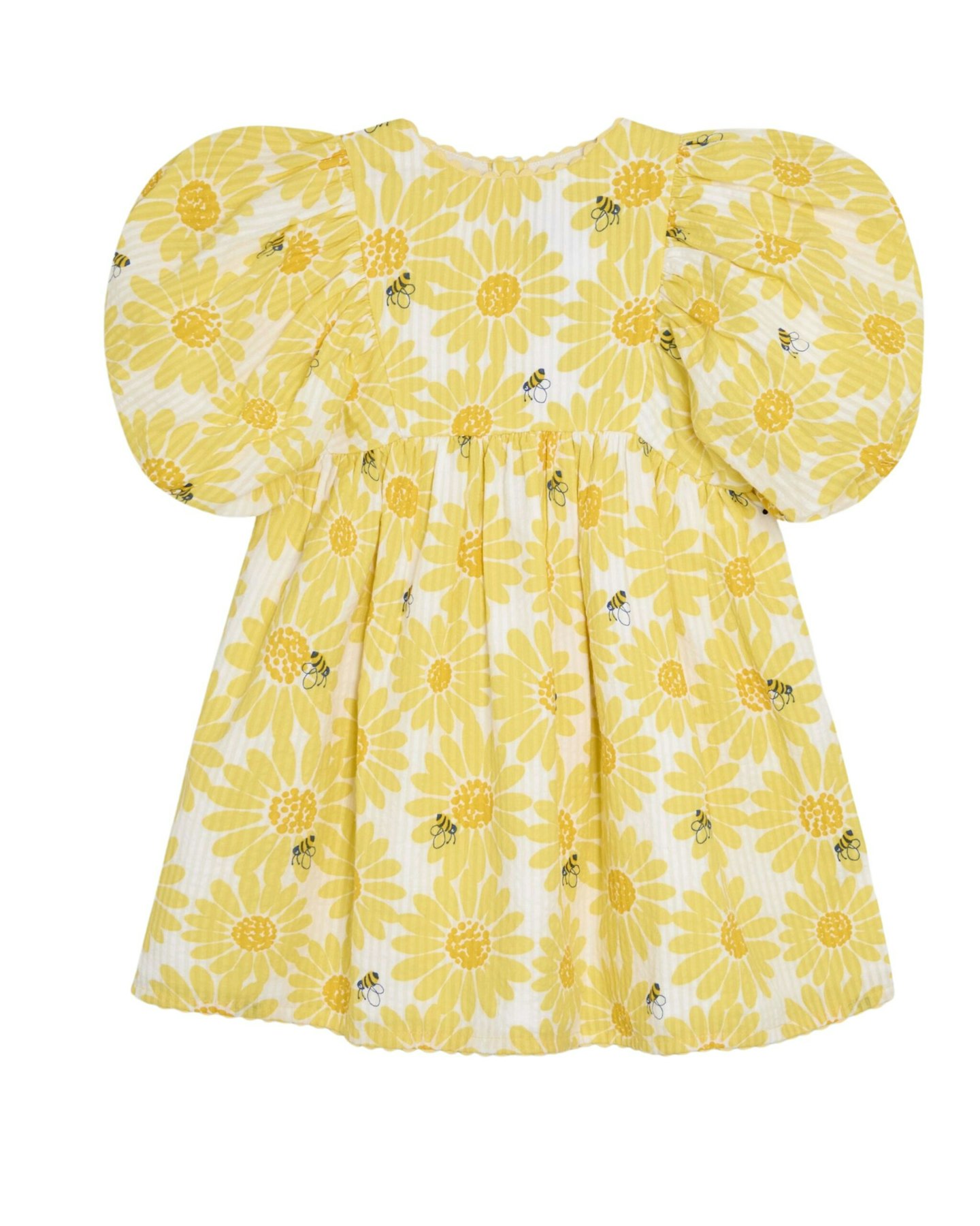 Sunflower Print Seersucker Puff Sleeve Dress